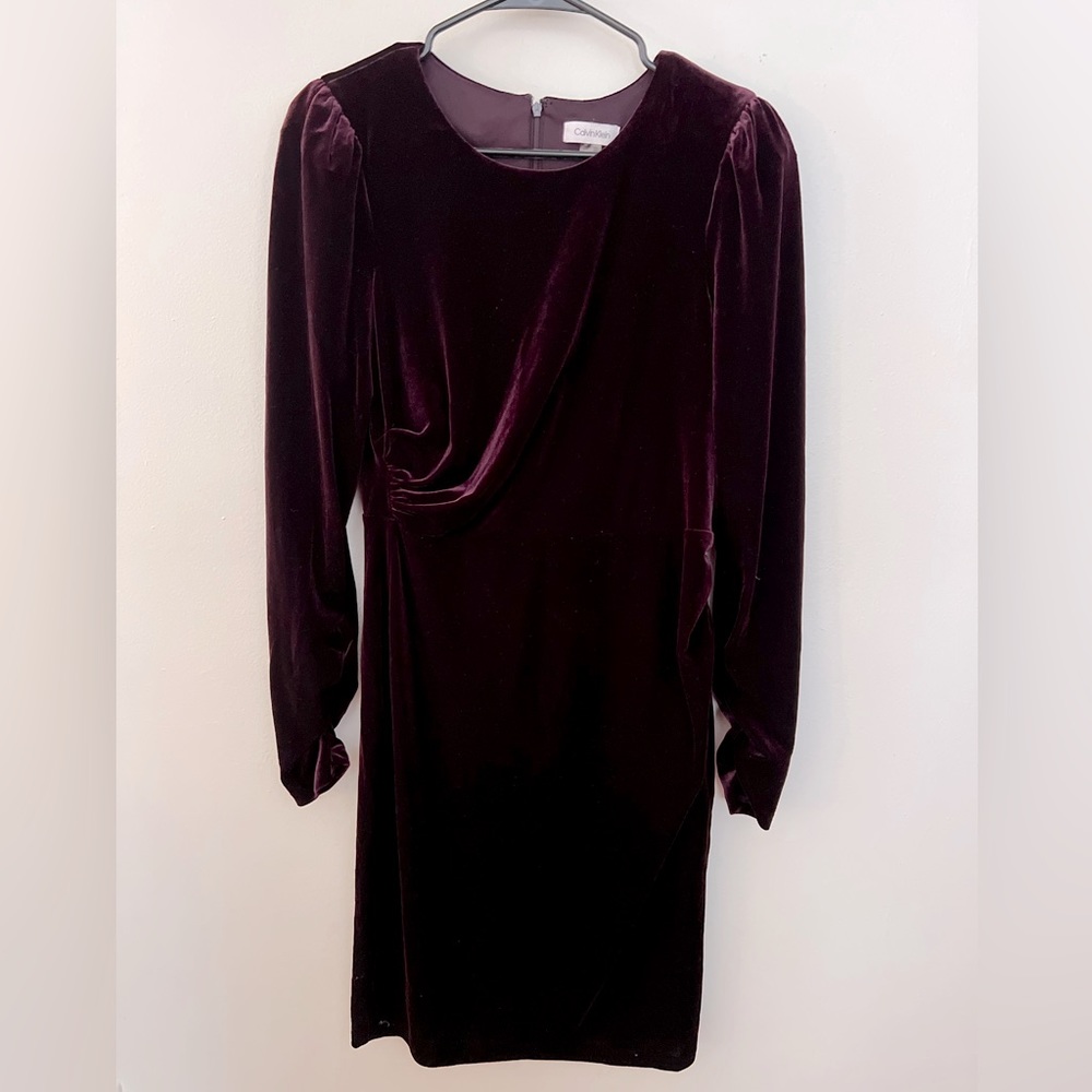 Calvin Klein Velvet Long Sleeve Dress in Deep Burgundy
